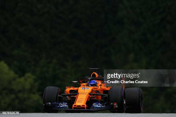 Fernando Alonso of Spain driving the McLaren F1 Team MCL33 Renault on track during final practice for the Formula One Grand Prix of Austria at Red...