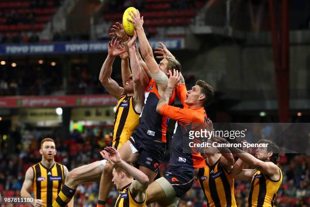Harrison Himmelberg of the Giants marks during the round 15 AFL match between the Greater Western Sydney Giants and the Hawthorn Hawks at Spotless...
