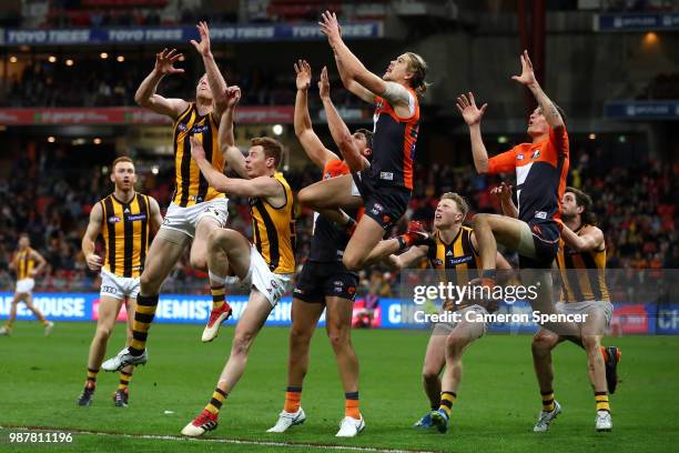 Harrison Himmelberg of the Giants marks during the round 15 AFL match between the Greater Western Sydney Giants and the Hawthorn Hawks at Spotless...