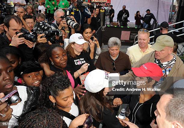 Actress Halle Berry speaks to fan at the 13th Annual Entertainment Industry Foundation Revlon Run/Walk For Women at Times Square on May 1, 2010 in...