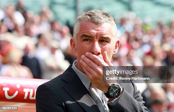 Head coach Mirko Slomka of Hannover gestures during the Bundesliga match between Hannover 96 and Borussia Moenchengladbach at AWD Arena on May 1,...