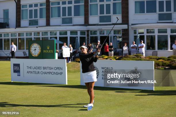 Stephanie Lau of The USA plays her first shot on the 1st tee during a semi final on day five of The Ladies' British Open Amateur Championship at...