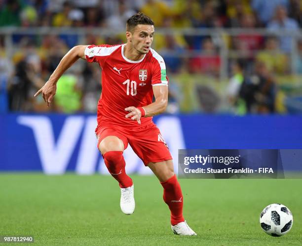 Dusan Tadic of Serbia in action during the 2018 FIFA World Cup Russia group E match between Serbia and Brazil at Spartak Stadium on June 27, 2018 in...