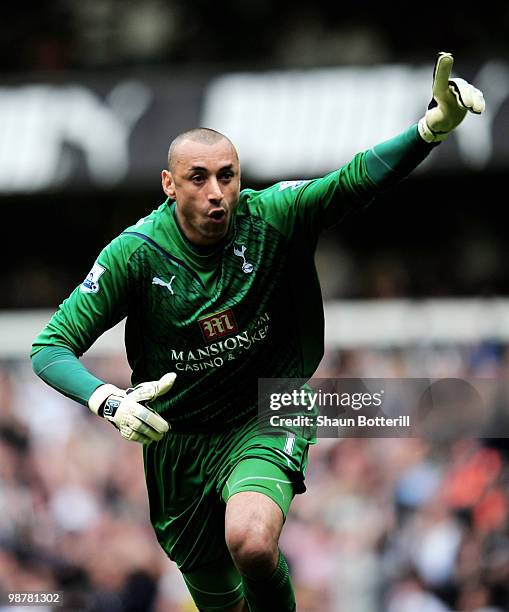 Heurelho Gomes of Tottenham Hotspur celebrates during the Barclays Premier League match between Tottenham Hotspur and Bolton Wanderers at White Hart...