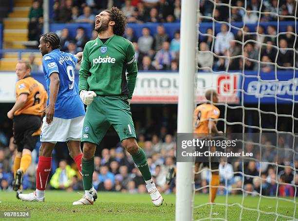 Goalkeeper David James of Portsmouth screams after Wolves score during the Barclays Premier League match between Portsmouth and Wolverhampton...