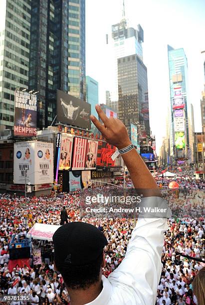 Jesse Martin waves to the crowd at the 13th Annual Entertainment Industry Foundation Revlon Run/Walk For Women at Times Square on May 1, 2010 in New...