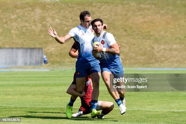 Paul Bonnefond and Jean Pascal Barraque during the Grand Prix Series match between France and Wales Rugby Seven on June 30, 2018 in Marcoussis,...