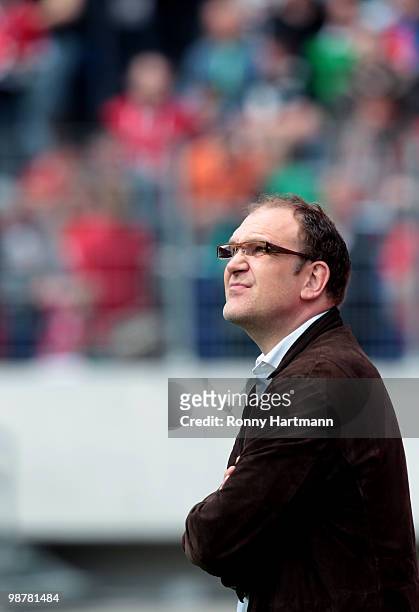 Manager Joerg Schmadtke of Hannover looks on prior to the Bundesliga match between Hannover 96 and Borussia Moenchengladbach at AWD Arena on May 1,...