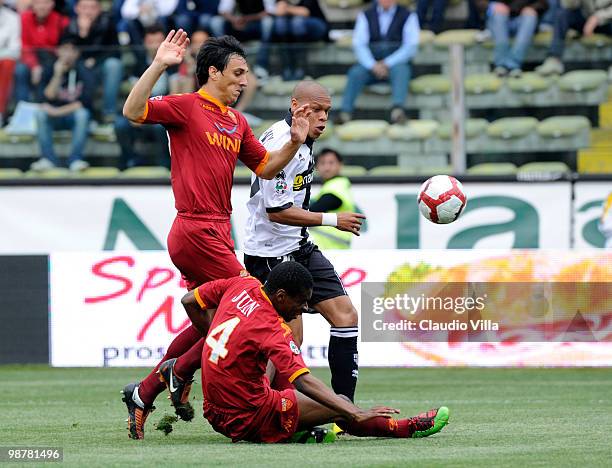 Jonathan Biabiany of Parma FC competes for the ball with Nicolas Burdisso of AS Roma during the Serie A match between Parma FC and AS Roma at Stadio...