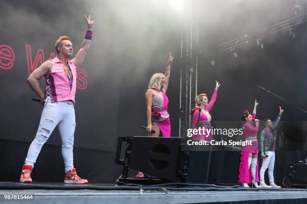 Ian "H" Watkins, Faye Tozer, Claire Richards, Lisa Scott Lee, Lee Latchford Evans of Steps performing at Scarborough Open Air Theatre on June 29,...