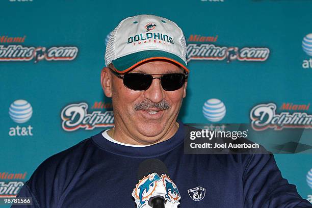 Head coach Tony Sparano of the Miami Dolphins smiles after answering a question from the media after the rookie mini camp May 1, 2010 at the Miami...