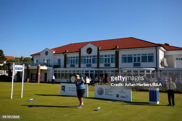 Hollie Muse of England plays her first shot on the 1st tee during a semi final on day five of The Ladies' British Open Amateur Championship at...