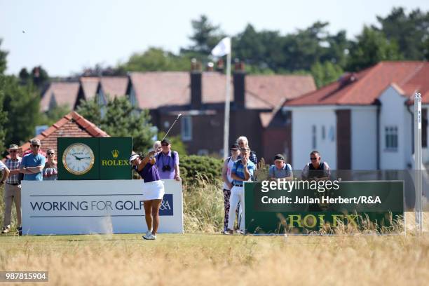 Stephanie Lau of The USA plays her first shot on the 10th tee during a semi final on day five of The Ladies' British Open Amateur Championship at...