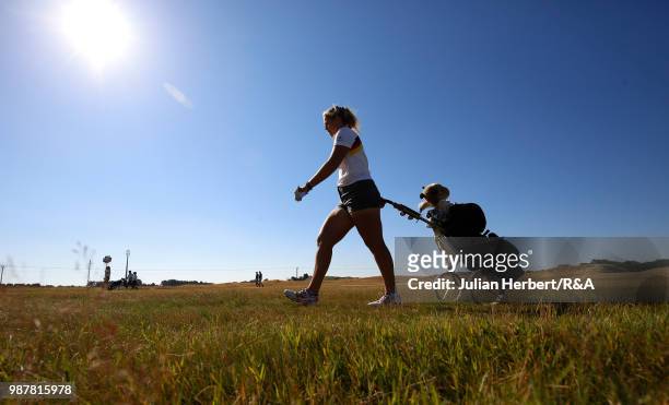 Leonie Harm of Germany walks to a tee during a semi final on day five of The Ladies' British Open Amateur Championship at Hillside Golf Club on June...