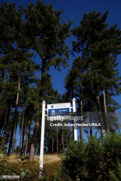 Tee marker board during a semi final on day five of The Ladies' British Open Amateur Championship at Hillside Golf Club on June 30, 2018 in...