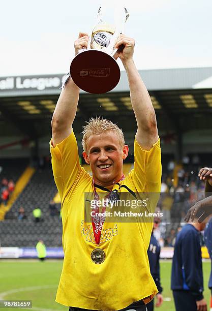 Kasper Schmeichel of Notts County celebrates winning the Coca-Cola League Two Championship after the Coca-Cola League Two match between Notts County...