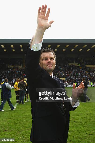 Steve Cotterill, manager of Notts County celebrates winning the Coca-Cola League Two Championship after the Coca-Cola League Two match between Notts...