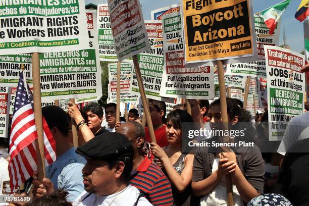 Hundreds of activists, supporters of illegal immigrants and members of the Latino community rally against a new Arizona law on May 1, 2010 in Union...