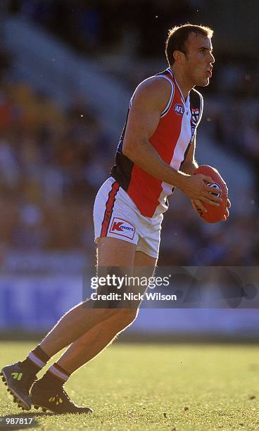 Fraser Gehrig for St Kilda in action during round eight of the AFL season match played between the Kangaroos and the St Kilda Saints held at Manuka...