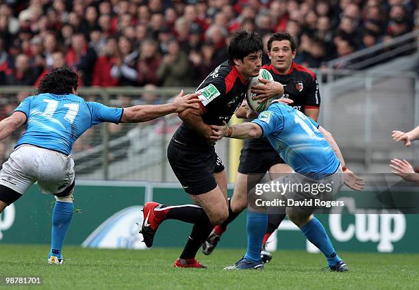 David Skrela of Toulouse breaks clear to score the second try during the Heineken Cup semi final match between Toulouse and Leinster at Stade...