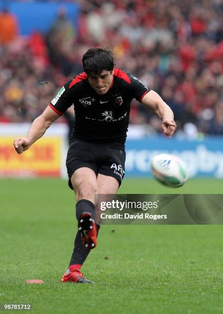 David Skrela of Toulouse kicks a penalty during the Heineken Cup semi final match between Toulouse and Leinster at Stade Municipal on May 1, 2010 in...