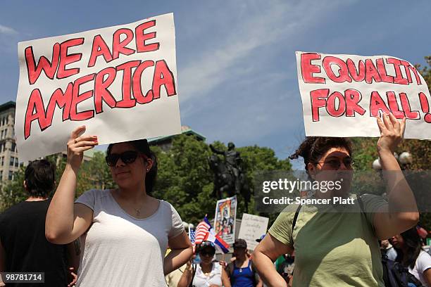 Hundreds of activists, supporters of illegal immigrants and members of the Latino community rally against a new Arizona law in Union Square on May...