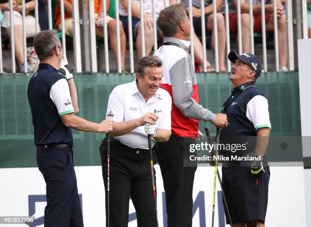 Brendan O'Carroll, Bradley Walsh and James Nesbitt during the 2018 'Celebrity Cup' at Celtic Manor Resort on June 30, 2018 in Newport, Wales.