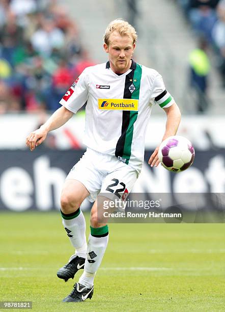 Tobias Levels of Moenchengladbach runs with the ball during the Bundesliga match between Hannover 96 and Borussia Moenchengladbach at AWD Arena on...
