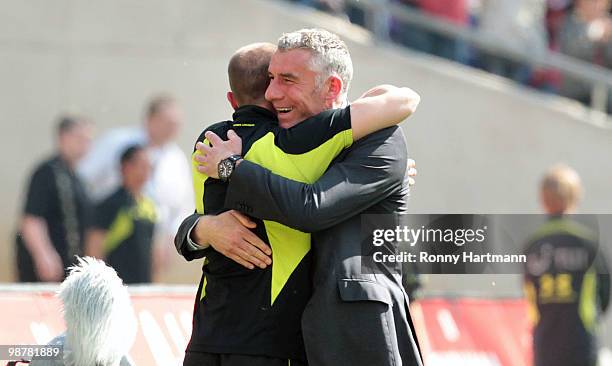 Head coach Mirko Slomka of Hannover celebrates during the Bundesliga match between Hannover 96 and Borussia Moenchengladbach at AWD Arena on May 1,...