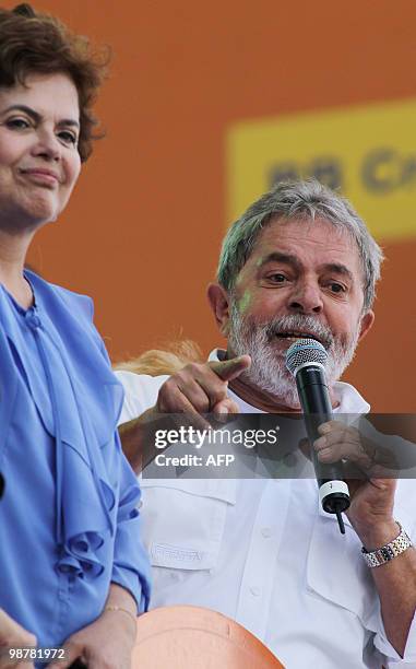 Brazilian President Luiz Inacio Lula da Silva delivers a speech alongside the presidential candidate for the Workers Party, Dilma Rousseff during the...