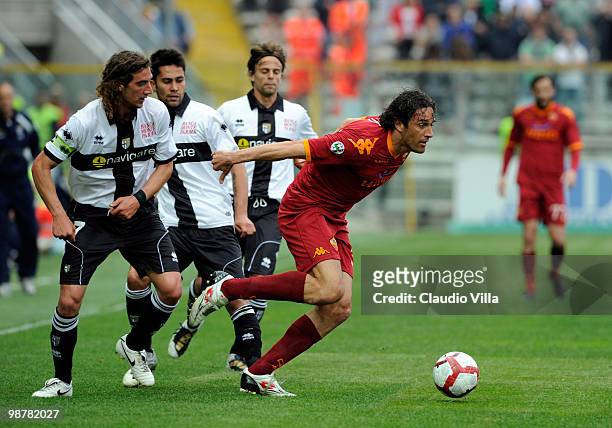 Luca Toni of AS Roma in action during the Serie A match between Parma FC and AS Roma at Stadio Ennio Tardini on May 1, 2010 in Parma, Italy.