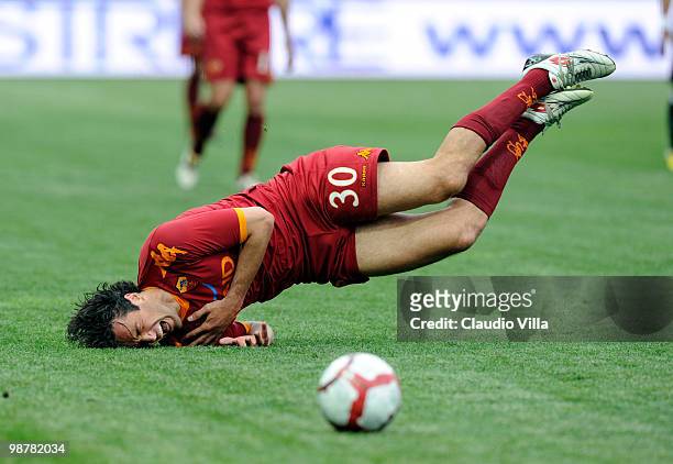 Luca Toni of AS Roma falls on his head during the Serie A match between Parma FC and AS Roma at Stadio Ennio Tardini on May 1, 2010 in Parma, Italy.