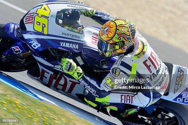 Valentino Rossi of Italy and Fiat Yamaha Team rounds the bend during the qualifying practice at Circuito de Jerez on May 1, 2010 in Jerez de la...