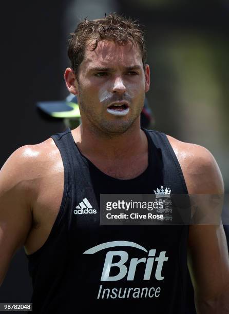 Michael Lumb of England looks on during a nets session at Everest Cricket Club on May 1, 2010 in Georgetown, Guyana.