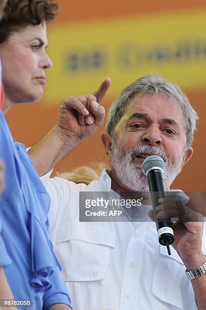 Brazilian President Luiz Inacio Lula da Silva delivers a speech alongside the presidential candidate for the Workers Party, Dilma Rousseff during the...