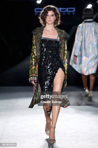 Model walks the runway at the Custo Barcelona show during the Barcelona 080 Fashion Week on June 28, 2018 in Barcelona, Spain.