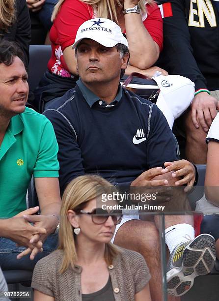 Toni Nadal, coach and uncle of Rafael Nadal of Spain watches on in his match against Ernests Gulbis of Latvia during day seven of the ATP Masters...