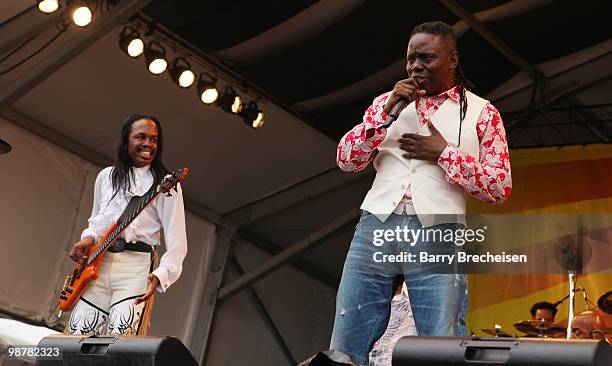 Bass player Verdine White and singer Philip Bailey of Earth and Wind and Fire perform during day 5 of the 41st Annual New Orleans Jazz & Heritage...