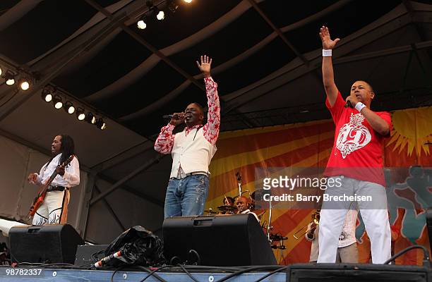 Bass player Verdine White, singer Philip Bailey and Ralph Johnson of Earth and Wind and Fire perform during day 5 of the 41st Annual New Orleans Jazz...