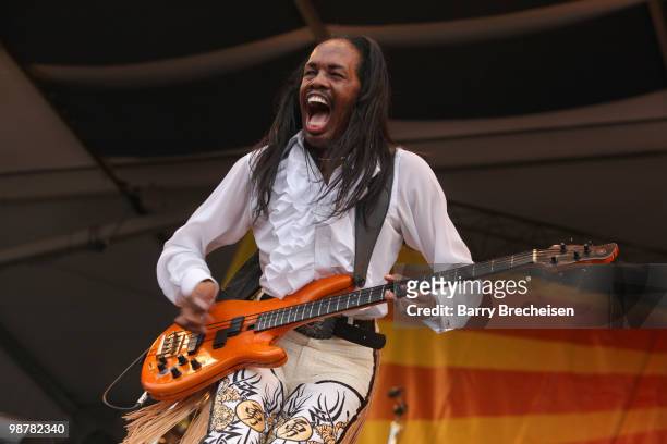 Bass player Verdine White of Earth and Wind and Fire performs during day 5 of the 41st Annual New Orleans Jazz & Heritage Festival at the Fair...