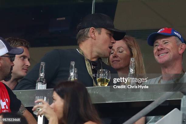 Actor Matt Damon watches the round 15 AFL match between the Gold Coast Suns and the Collingwood Magpies at Metricon Stadium on June 30, 2018 in Gold...