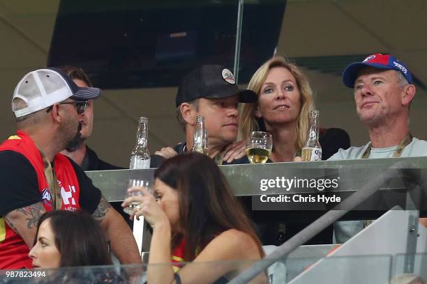 Actor Matt Damon watches the round 15 AFL match between the Gold Coast Suns and the Collingwood Magpies at Metricon Stadium on June 30, 2018 in Gold...