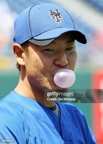 Hisanori Takahashi of the New York Mets looks on during batting practice before playing the Philadelphia Phillies at Citizens Bank Park on May 1,...