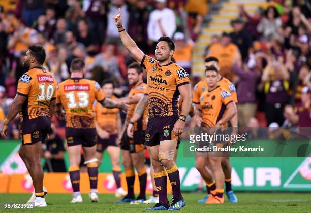 Alex Glenn of the Broncos celebrates victory after the round 16 NRL match between the Brisbane Broncos and the Canberra Raiders at Suncorp Stadium on...