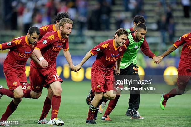 Celebrates of Francesco Totti and Daniele De Rossi of AS Roma during the Serie A match between Parma FC and AS Roma at Stadio Ennio Tardini on May 1,...