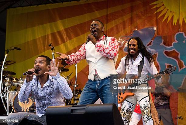 David Whitworth, Philip Bailey and Verdine White of Earth Wind and Fire performs during the 41st Annual New Orleans Jazz & Heritage Festival...