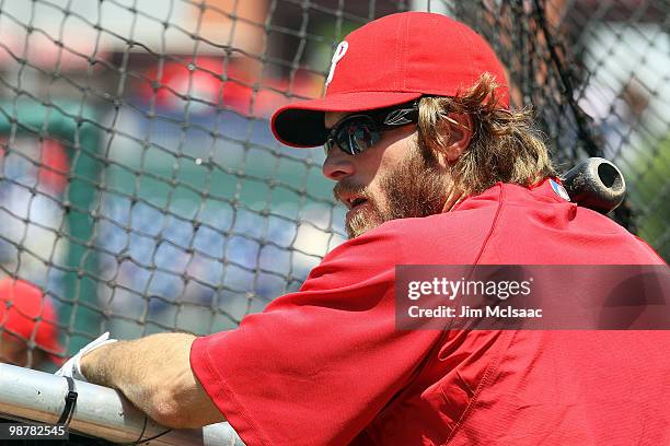 Jayson Werth of the Philadelphia Phillies looks on during batting practice before playing against the New York Mets at Citizens Bank Park on May 1,...