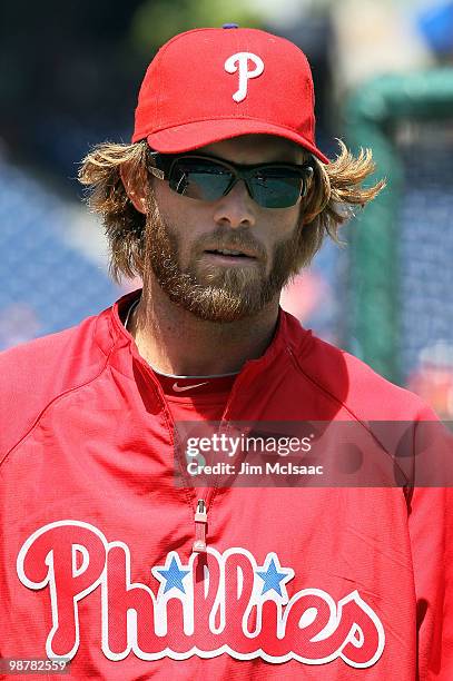 Jayson Werth of the Philadelphia Phillies looks on during batting practice before playing against the New York Mets at Citizens Bank Park on May 1,...