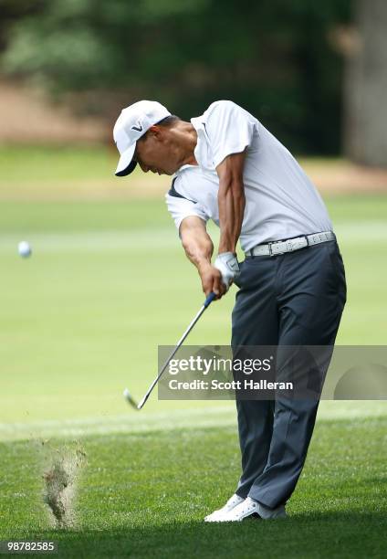 Anthony Kim watches a shot on the third hole during the third round of the 2010 Quail Hollow Championship at the Quail Hollow Club on May 1, 2010 in...