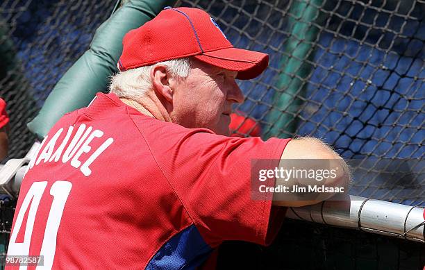 Manager Charlie Manuel of the Philadelphia Phillies looks on during batting practice before playing the New York Mets at Citizens Bank Park on May 1,...